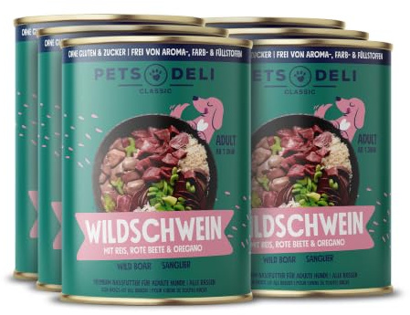 Pets Deli Classic Nassfutter für Hunde mit Wildschwein & Reis, 6x400g | Wildschwein als einzige Proteinquelle, mit leicht verdaulichem Reis, ohne Zucker und Gluten, Premium Qualität