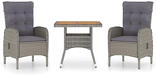 vidaXL Akazienholz Gartenmöbel 3-TLG. Sitzgruppe Gartengarnitur Gartenset Sitzgarnitur Esstisch Gartentisch Gartensessel Sessel Poly Rattan Grau