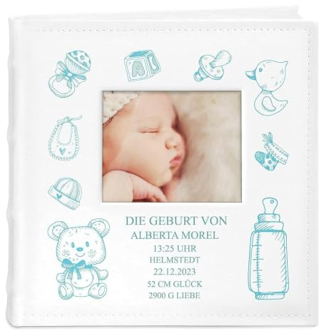 Maverton Einsteckalbum + mit Aufdruck - für 200 Fotos 10x15-100 weiße Seiten - Größe 21x22cm - Weiß - Geschenk für Kind zur Geburt Taufe zum Geburtstag - Schnuller