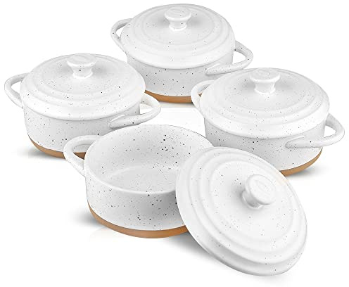 HVH 12 oz Ramekins with Lids, Mini Casserole Dish with Lid Oven Safe, Small Casserole Dish Set, Oven Safe Bowls, Mini Baking Dishes for Oven with Lids, Farmhouse Style (White)