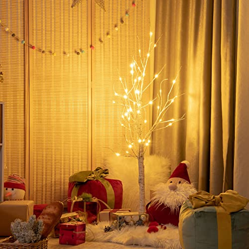 COSTWAY Arbre Lumineux Noel, Arbre Bouleau Lumineux 120 cm, 48 LED Lumineux Blanc Chaud, Base Plastique, Décoration Intérieur