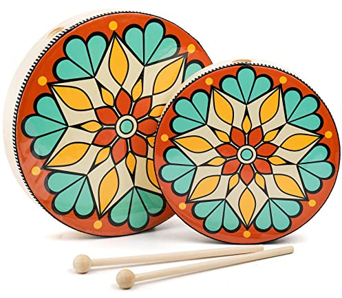 Foraineam 10 Inch & 8 Inch Hand Drum, Musical Percussion Instrument Colorful Wood Frame Drum with Drum Stick