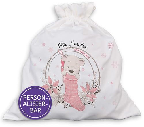 FEENSTAUB Nikolaussack mit Namen personalisiert, Geschenkverpackung für Weihnachten, Geschenkesack, Nikolaussäckchen personalisiert, Weihnachten Verpackung, Weihnachtstaschen Stoff Bär