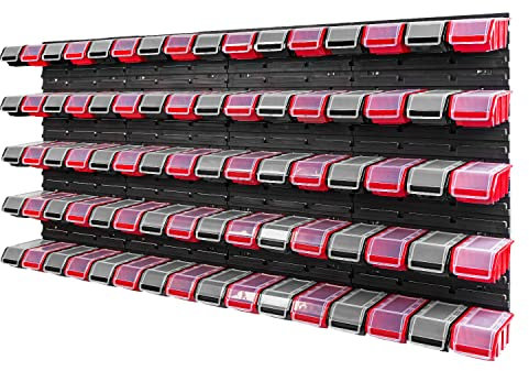 PAFEN Stapelbox Wandregal - 1544 x 780 mm - Lagersystem 80 Stück Boxen mit Deckel - Lagerregal Sichtlagerkästen Schüttenregal, Rot/Schwarz