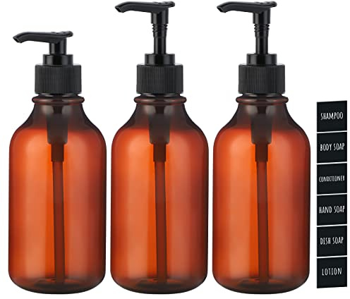 Segbeauty Lotion Dispenser, 3 Stück 300ml Seifenspender mit Etiketten für Shampoo Flüssigseife Duschgel, Spülmittelspender zum Befüllen, Nachfüllbar Plastikflasche für Küche Bad, Bernstein