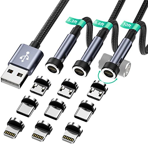 Magnetisches Ladekabel mit-Drehung, 3er-Pack [3ft/6ft/10ft], 3-in-1 | Magnetladekabel, 3A-Schnellladekabel, unterstützt die Datenübertragung, Nylon- Kabel für i/Micro-USB/Typ C – Schwarz
