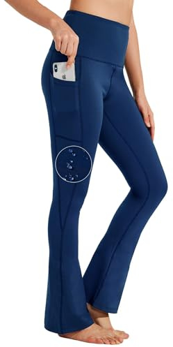 BAYGE Damen Bootcut Yogahose Hohe Taille Wasserdicht Blickdicht Bauchkontrolle Slim Fit Leggings Sporthose Schlaghose Sweathose Fitnesshose mit Taschen, Blau, XL