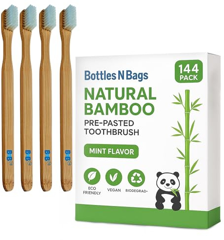 Bottles N Bags 144 Biodegradable Prepasted Bamboo Tooth Brush Individually Wrapped Soft Bristles,Refreshing Mint Flavor Paste (144 Pack)