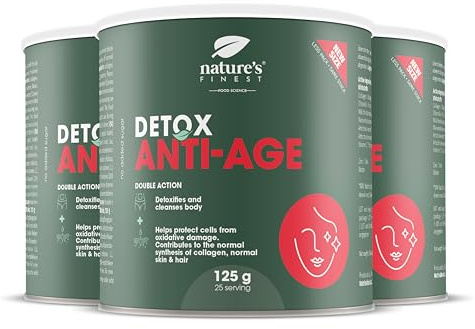 Nature's Finest Detox Anti Age Drink, Trinkpulver 375 g (3er Pack) | Kollagen mit Chlorella, Mariendistel, Artischocke, Zink, Biotin & Vitamin C - Erdbeergeschmack, glutenfrei