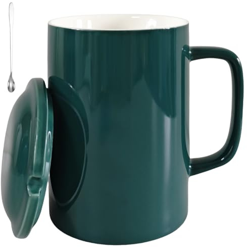 NIUKOMY Extra Große Kaffeetasse 1000ML, Jumbo Keramik Teetasse mit Deckel und Löffel, Super Gross Tasse, Riesige Becher Porzellan, XXL Milchtasse, Big Mug für Büro und Zuhause, Grün