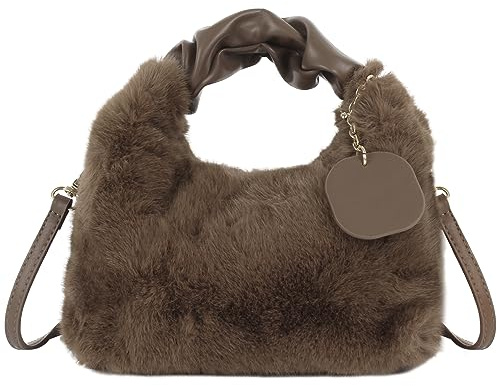 Meliyya Sac à bandoulière en fourrure synthétique pour femme - Sac à main moelleux avec chaîne et poignée en peluche, 07809 marron café