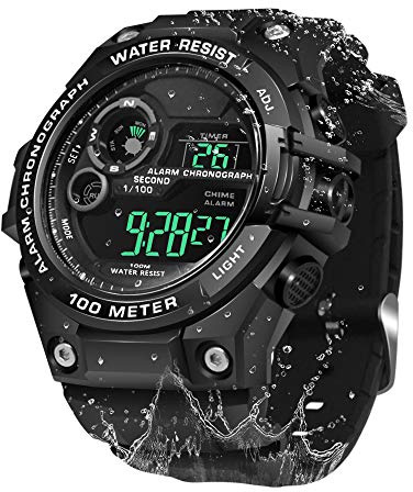 TEKMAGIC Digitale Sportuhr 10 ATM 100 Meter Wasserdicht Geeignet zum Schwimmen und Tauchen mit Wecker, Stoppuhr, Timer, Hintergrundbeleuchtung, Kalender, Zwei Zeitzonen