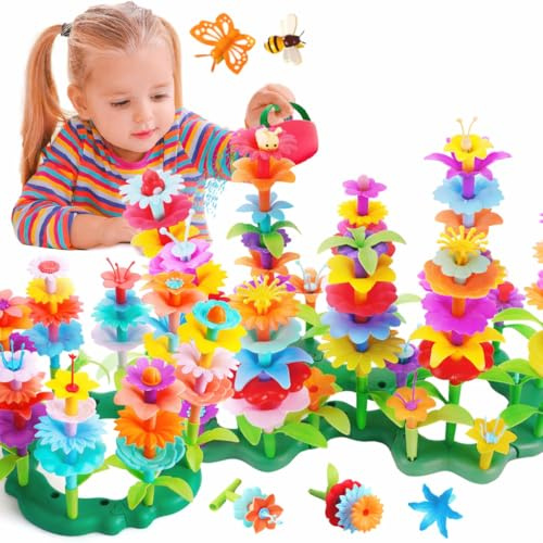 FunzBo Blumengarten Spielzeug Sets 46PCS – DIY Bouquet STEM Montessori Lernspielzeug, Sortier & Steckspiel Frühling Gartenset, Kunst Blumenarrangement Geburtstagsgeschenk für Mädchen 3+ Jahre
