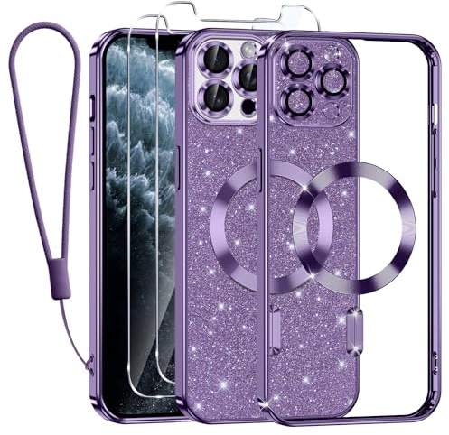 Kokio Handykette für iPhone 11 Pro Max Hülle mit Band, [Kompatibel mit MagSafe] Glitzer Magnetisch Handyhülle für iPhone 11 Pro Max mit 2 Stück Schutzfolie Stoßfeste Silikon TPU Schutzhülle, Lila