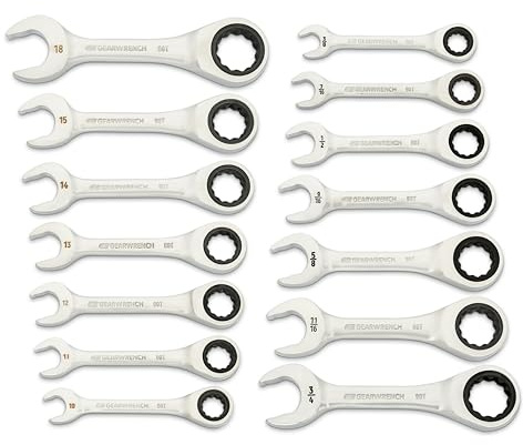 GEARWRENCH 14 Piece 90-Tooth 12 Point Stubby Combination Ratcheting Wrench Set, SAE & Metric | 3/8 to 3/4 & 10mm to 18mm| 86859