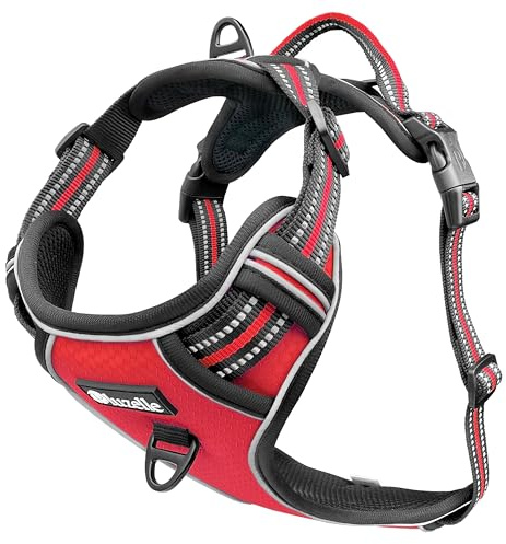 bluzelle Hundegeschirr für große Hunde, Reflektierendes Brustgeschirr mit Griff & Tasche für GPS Tracker, Anti-Zug Hundeweste Hund-Warnweste, Atmungsaktiv Reflektor-Gurte, XL, Rot