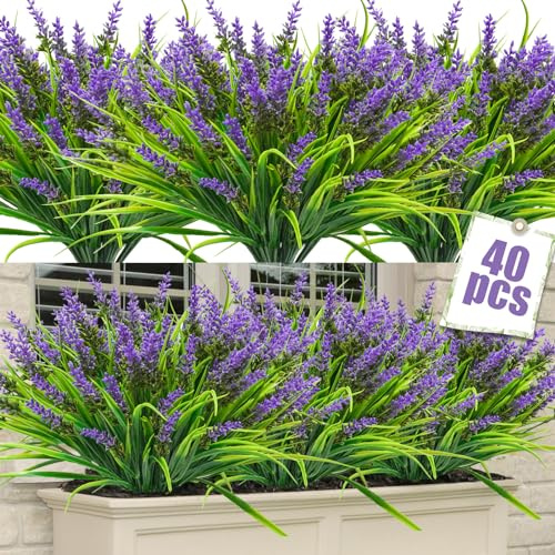 unlemoni 40 paquetes de plantas artificiales para exteriores, hierba de mono falsa con flores de lavanda, arbustos verdes de plástico resistente a los rayos UV para ventana, porche, jardín, patio,