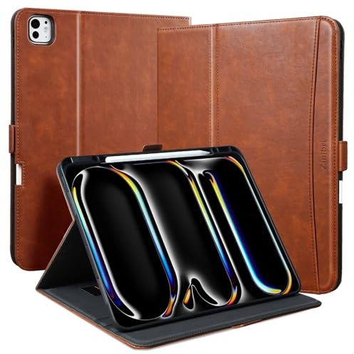 Zinibri Handgemacht Hülle für iPad Pro 11 Zoll M5/M4 (2025/2024) mit Stifthalter Handschlaufe Tasche,Auto Schlaf/Wach,Magnetverschluss,Multi Winkle Stand,PU Leder Schutzhülle Case Cover,Braun