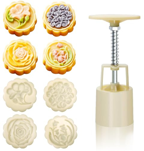 YOSKAEDI Presse à gâteau de lune 50 g, lot de tampons à biscuits, moules à gâteau de lune, avec 4 tampons à cookies, très adapté pour les amateurs de pâtisserie