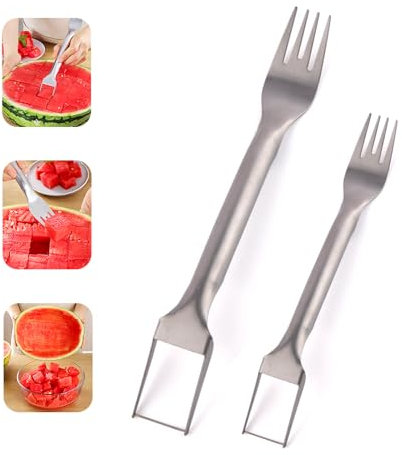 SSKHE 2-in-1 Watermelon Slicer Cutter, Stainless Steel Fruit Slicer, Watermelon Cutter Slicer Tool, Double Head Fruit Fork Cutting Knife with Round Handle, for Cantaloupe Papaya Dragon Fruit