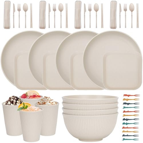 Set di stoviglie infrangibili per 4 persone, set di piatti e ciotole in plastica Set di stoviglie riutilizzabili, set da tavola 4 piatti piani,4 piatti da dessert,4 ciotole,4 tazze,16 set di posate