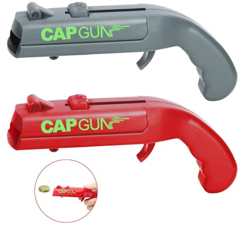 Bottle Opener Cap Gun, 2 Pcs Funny Bottle Cap Gun, Beer Gifts for Men, Bottle Openers Novelty for Home, Bar or Party Use (Grey, Red)