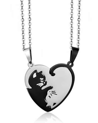 WUNZILO 2 pezzi Collana per Coppie con Ciondolo Gatto, Collana per Coppie in Argento Nero, Collana con Ciondolo Puzzle, Miglior Regalo per te e il Tuo Amante, Collana con ciondolo a cuore