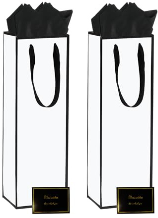 2 Pack Bottle Gift Bags with Tissue Paper and Cards, White Wine Bags with Handle for Christmas, Wedding, Birthday