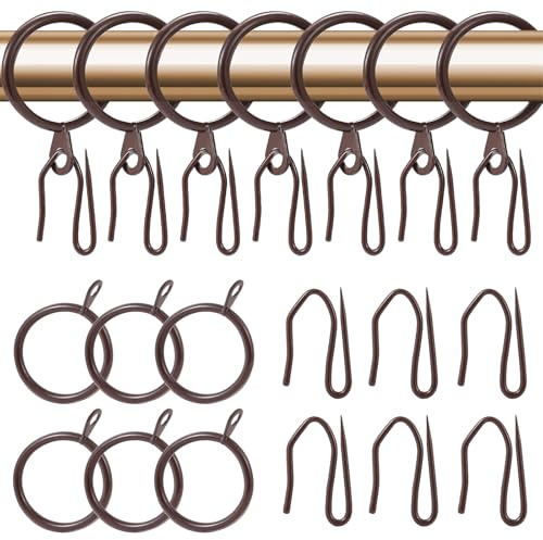 30 Pieces Metal Drapery Curtain Rings Curtain Hanging Rings and 30 Pieces Metal Curtain Drapery Pin Hooks for Window Door Shower Curtain, 32 mm/1.26 inch Internal Diameter (Brown)