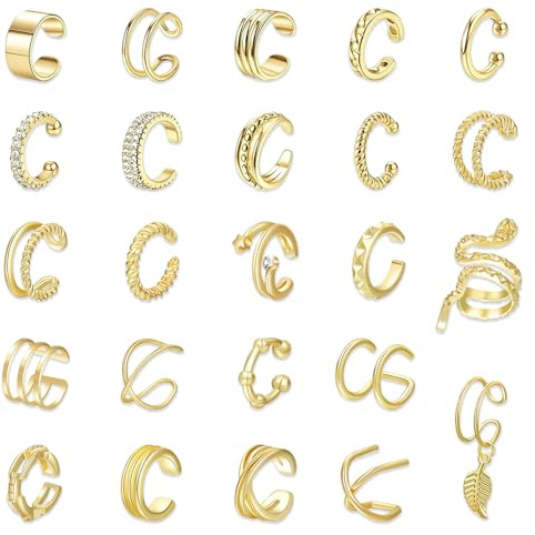 EDLMKM 24 Pcs Ear Cuffs For Women Non Piercing, Clip On Earrings, Gold Clip-on Earrings, Fake Piercing Ear, Snake Ear Cuff, Adjustable, Helix Cartilage Clip, Piercing for Men and Women
