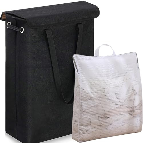 RETSAMV Foldable Wäschekorb Schmal mit Deckel 45L – Laundry Basket aus Leinenoptik mit Reißverschluss-Innenbeutel – für Schlafzimmer, Bad, Waschküche (Black)