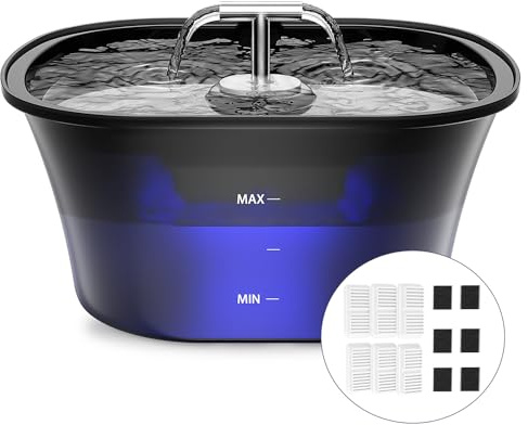 BalimoPet Cat Water Fountain for Drinking 2.5L/85oz with Dual Spouts – Automatic Cat Fountain, Ultra-Quiet Wired Pet Water Fountain with LED Light, Triple Filtration, 6 Filters & 6 Sponges Included