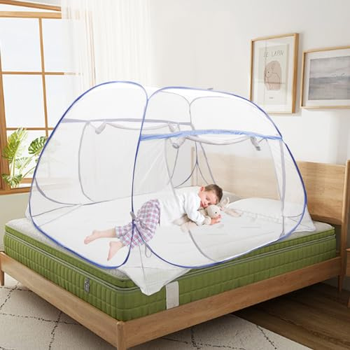 Fridgestea Moustiquaire double porte - 200 x 180 x 145 cm - Tente pop-up avec bord bleu - Portable - Moustiquaire de lit avec mailles fines - Pliable - Pour camping, chambre à coucher, extérieur