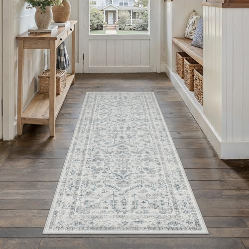 PureCozy Vintage Blau Teppich Läufer Flur 60x180cm Waschbar | Waschbarer Teppich, Weich Rutschfest, Kurzflor Boho, für Schlafzimmer Büro Küche Flur, Langer Teppichläufer