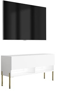 3E 3xE living.com Meuble TV 100 cm Blanc Mat, Pieds Droits dorés, LED Blanche, 100 × 32 × 52 cm
