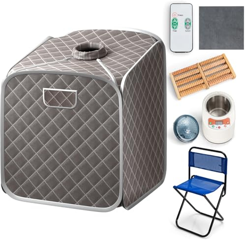 HOMASIS Mini Dampfsauna tragbar, Heimsauna mit Dampfgenerator 2 L, Sauna für Zuhause mit Fernbedienung, 9 Temperaturstufen & Timer, Mobile Saunazelt mit Klappstuhl & Fußmassagegerät (Grau)