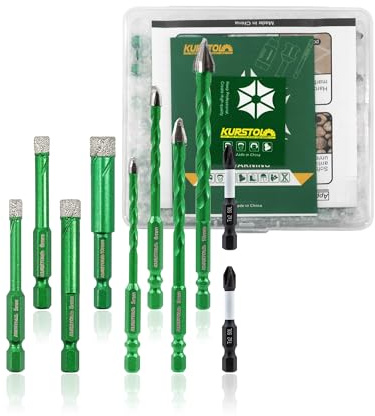 KURSTOL Punte Diamantate Gres Porcellanato, 10 pezzi 5/6/8/10mm Punta Trapano con punta per Cacciavite PH2 per Piastrelle Ceramica Legno Plastica Muratura Cemento Vetro, Gambo a Cambio Rapido