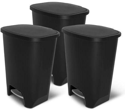 Glad 3 Pack 20 Gal Trash Can - Plastic Kitchen Waste Bin with Odor Protection of Lid - Hands Free with Step On Foot Pedal and Garbage Bag Rings, Black