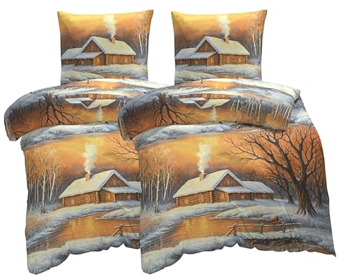 one-home Winter Biber Bettwäsche Baumwolle Kuschelig Flauschig Warme Weiche Flanell Bettbezüge Modern, Größe:4 teilig 135x200 cm, Farbe:Winterlandschaft weiß