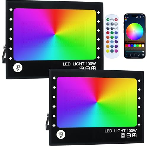 OUSIDE Foco LED RGB Exterior 100W, Control por App Bluetooth y Mando a Distancia, IP66 Impermeable, Multicolor, Proyector para Jardín y Terraza, 2 Unidades