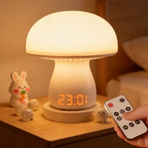 Pilzlampe Nachttischlampe mit Uhr Touch Dimmbar - 3600mAh Akku Tischlampe USB Aufladbar Kabellos, Pilz Deko Lampe für Kinder Schlafzimmer, Sicher Nachtlicht mit Timer Funktion RGB Farbwechsel Warmweiß