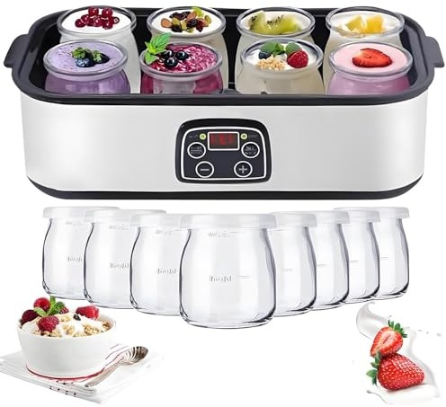 HLGKBY Yogurtera Eléctrica Multifunción, Yogurtera De 1400 Ml con 8 Tarros De 175 Ml, Pantalla LED Y Temporizador, Fácil Limpieza para Queso De Yogur Fresco Casero