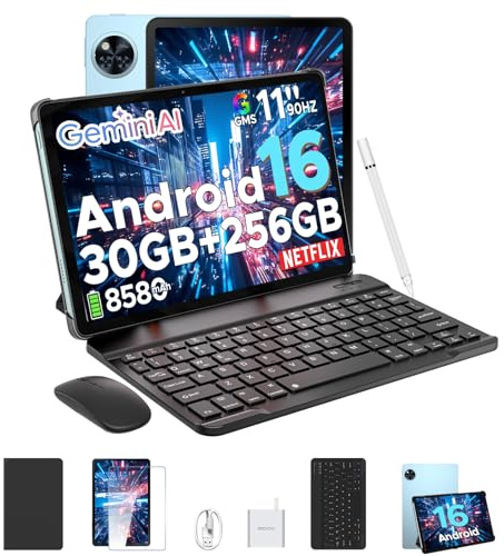 POPUX U11 Pro Tablet Android 16, 30GB RAM+256GB ROM+2TB TF, Batería 8580mAh Tablet con Teclado, Tablet 11 Pulgadas 90Hz HD IPS Tablets, Widevine L1, Gemini AI, Cámara 13MP+5MP/5G WiFi/3.5mm Audio/GPS