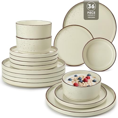 vancasso NAVIA Service de Table 36 Pièces pour 12 Personnes, Vaisselle en Grès, Service Complet Comprenant Assiettes Plates, à Dessert et Bols, Micro-Ondes & Lave-Vaisselle,Style Moderne, Beige