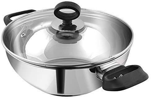 Vinod Stainless Steel Deluxe Kadai with Glass Lid – 20cm, 1.5L | SAS Heavy Bottom | Induction Compatible Wok | Soft Grip Handles | Ideal for Stir-Frying, Curries, & Deep-Frying – Silver