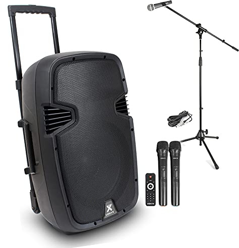 Vonyx SPJ-PA912 Portable PA System - 12-inch 500W Wireless Bluetooth Speaker Set with 2 UHF Microphones, Battery Powered, USB/SD Media Player & Stand