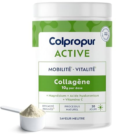 Collagène Poudre + Acide Hyaluronique - Récupération Active - Articulations | Colpropur Active, saveur neutre, 30 doses 10 g, collagène type I et II, magnésium, vitamine C, acide hyaluronique, sans sucre