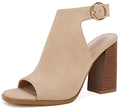Ermonn Women‘s Cutout Peep Toe Stacked Heeled Sandals Ankle Strap Buckle Booties