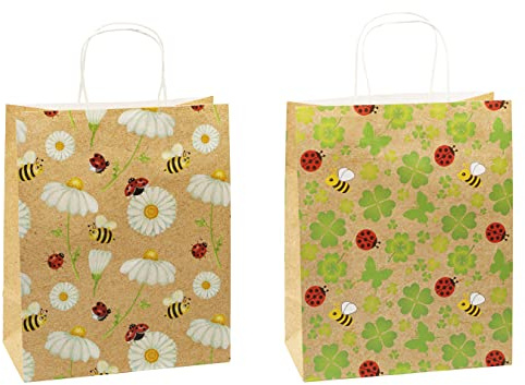 TSI Geschenktüten aus Kraftpapier Bienen/Blumen, 12er Packung, Größe: Groß (HxBxT 32 x 26 x 12 cm), Art. Nr. 88313