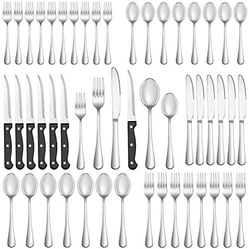 Lot de 48 couverts avec couteaux à steak pour 8, ensemble de couverts en acier inoxydable, ensemble d'ustensiles de couverts polis avec miroir, ensemble de vaisselle de cuisine à la maison,